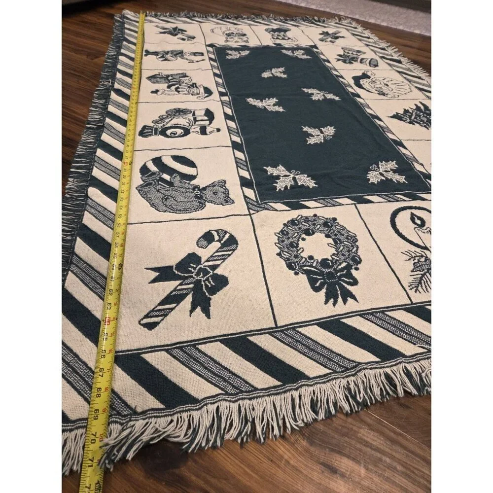 Vtg Christmas Woven Tapestry Throw Blanket With Fringes Reversible 47x71